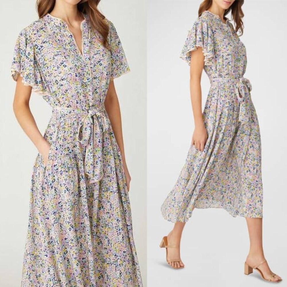 Shoshanna Lucia Dress Blush/Navy Size 6 Flutter Sleeves Midi Belted Pockets $550